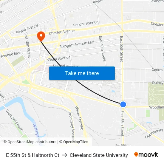 E 55th St & Haltnorth Ct to Cleveland State University map