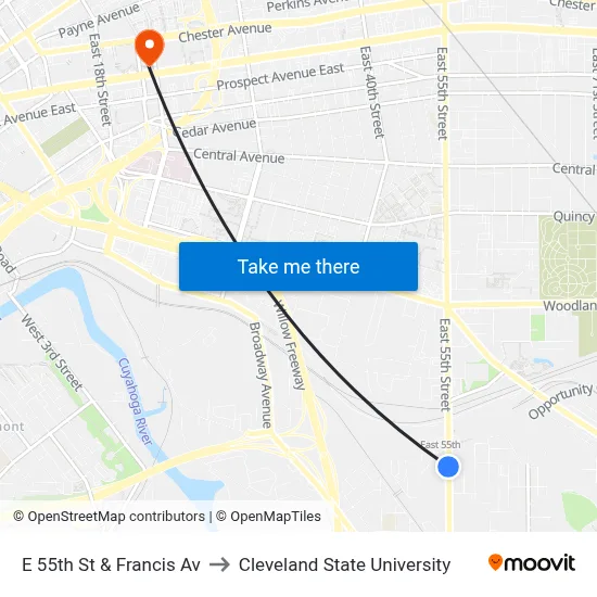 E 55th St & Francis Av to Cleveland State University map