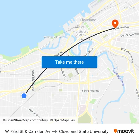 W 73rd St & Camden Av to Cleveland State University map
