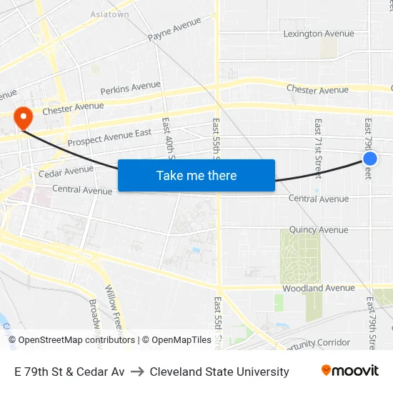 E 79th St & Cedar Av to Cleveland State University map