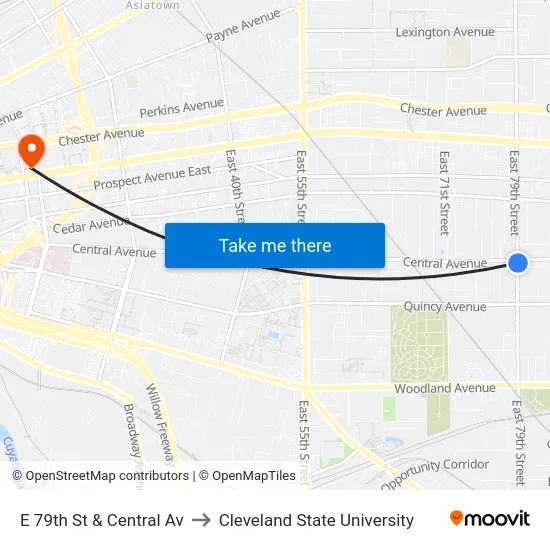 E 79th St & Central Av to Cleveland State University map