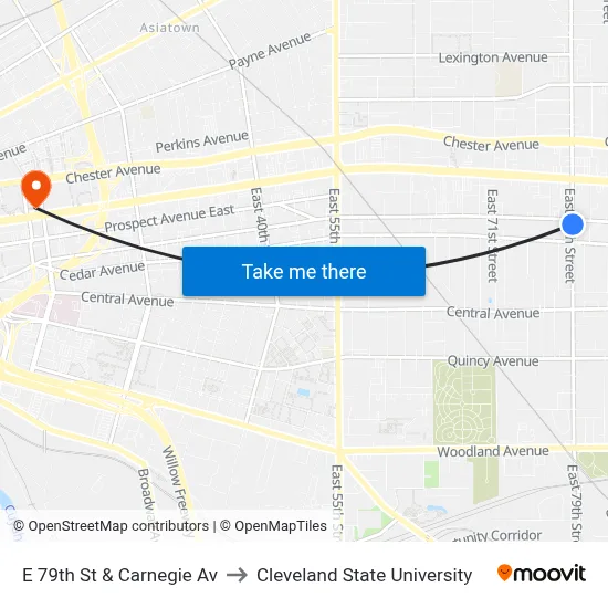 E 79th St & Carnegie Av to Cleveland State University map