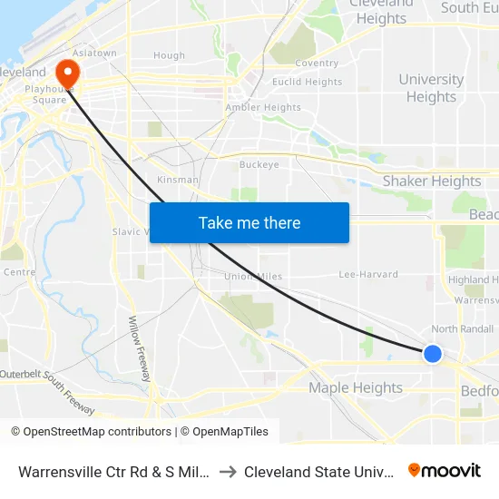 Warrensville Ctr Rd & S Miles Rd to Cleveland State University map