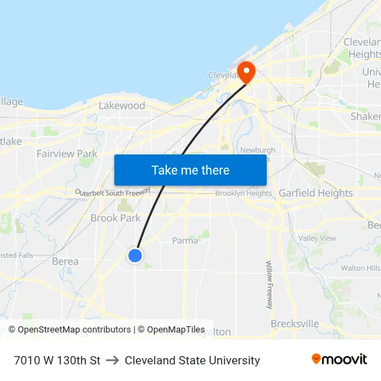 7010 W 130th St to Cleveland State University map