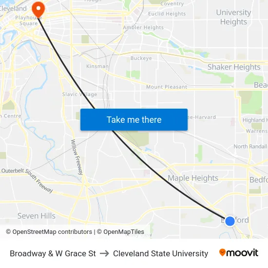 Broadway & W Grace St to Cleveland State University map