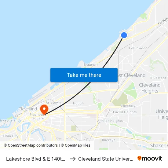 Lakeshore Blvd & E 140th St to Cleveland State University map