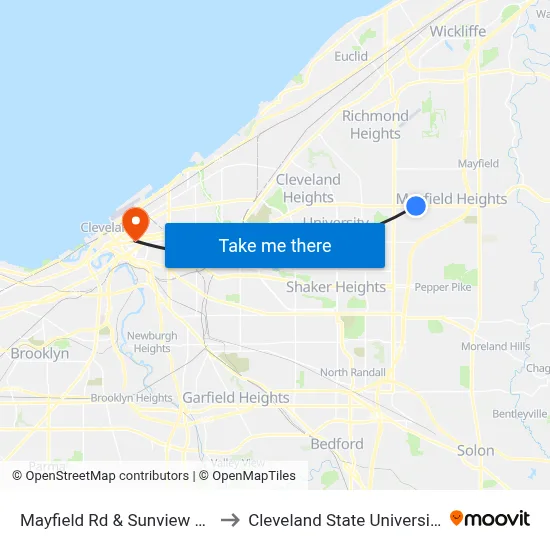 Mayfield Rd & Sunview Rd to Cleveland State University map