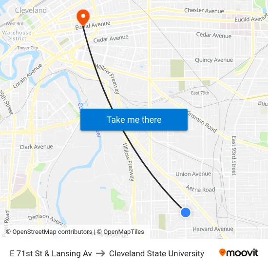 E 71st St & Lansing Av to Cleveland State University map