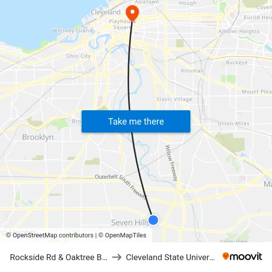 Rockside Rd & Oaktree Blvd to Cleveland State University map