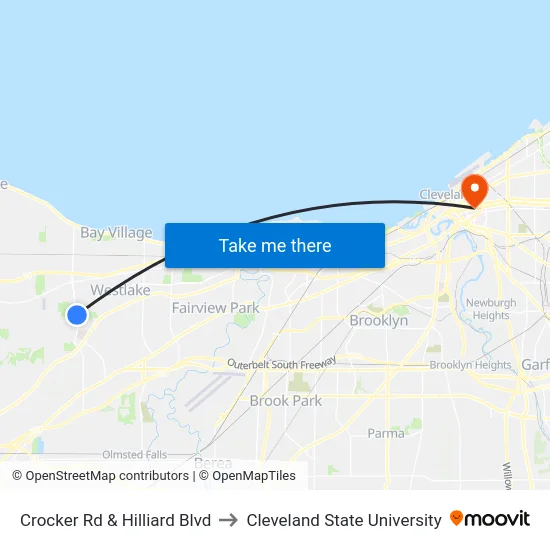Crocker Rd & Hilliard Blvd to Cleveland State University map