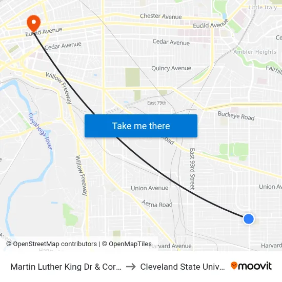 Martin Luther King Dr & Corlett Av to Cleveland State University map