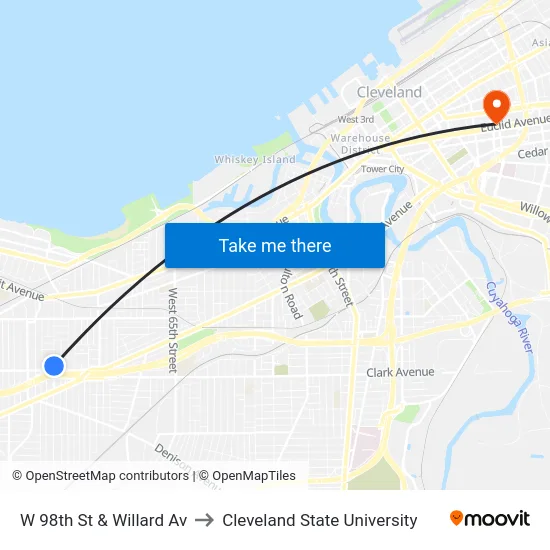 W 98th St & Willard Av to Cleveland State University map