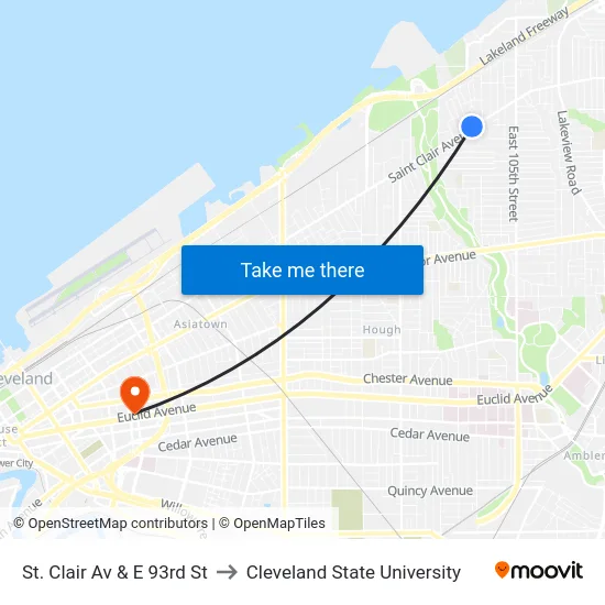 St. Clair Av & E 93rd St to Cleveland State University map