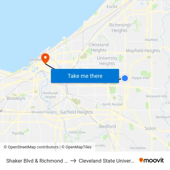 Shaker Blvd & Richmond Rd to Cleveland State University map