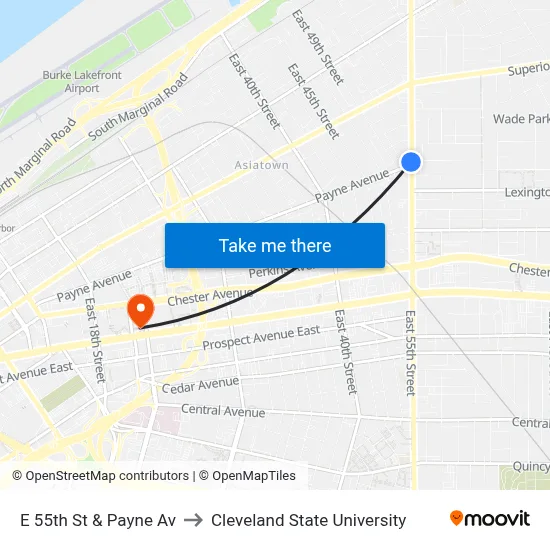 E 55th St & Payne Av to Cleveland State University map