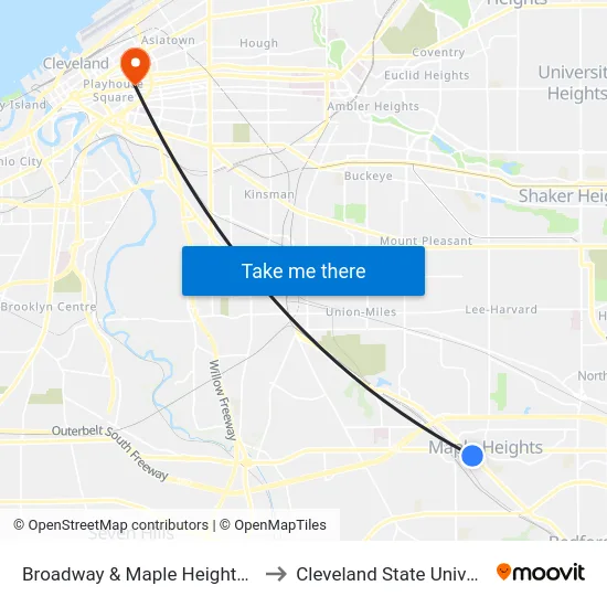 Broadway & Maple Heights Blvd to Cleveland State University map