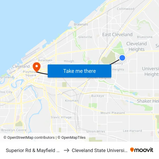 Superior Rd & Mayfield Rd to Cleveland State University map