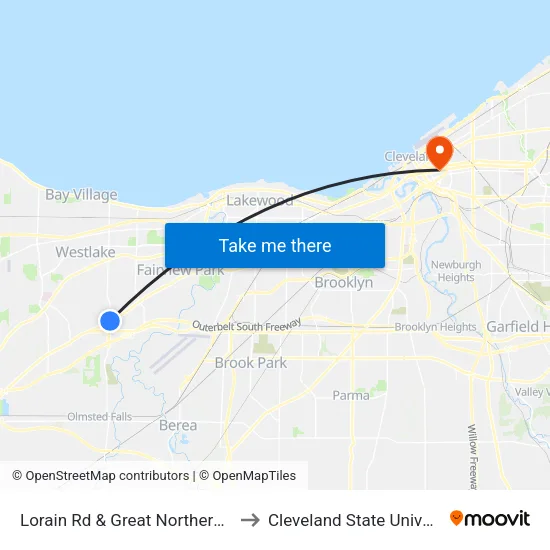 Lorain Rd & Great Northern Blvd to Cleveland State University map
