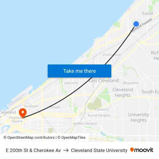 E 200th St & Cherokee Av to Cleveland State University map