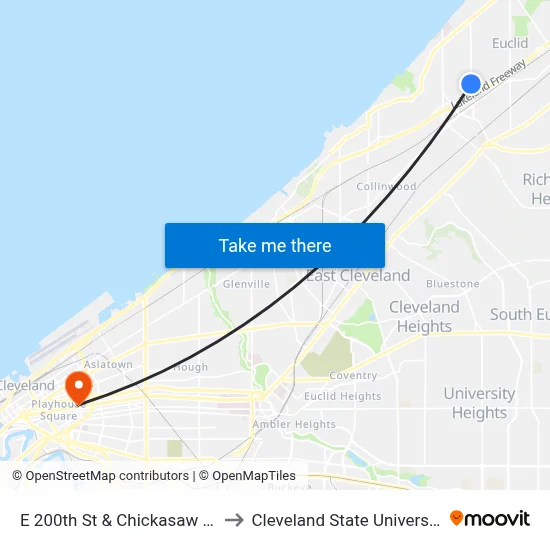 E 200th St & Chickasaw Av to Cleveland State University map
