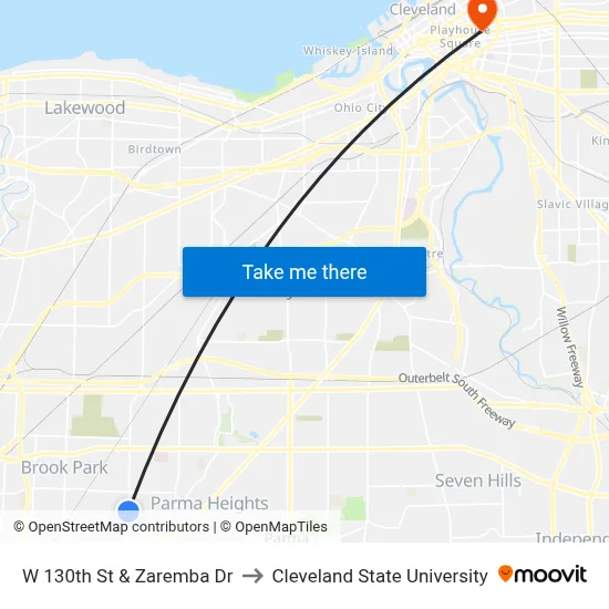 W 130th St & Zaremba Dr to Cleveland State University map