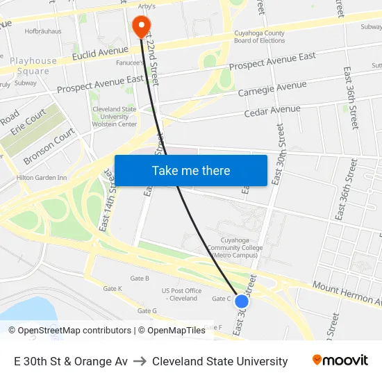 E 30th St & Orange Av to Cleveland State University map