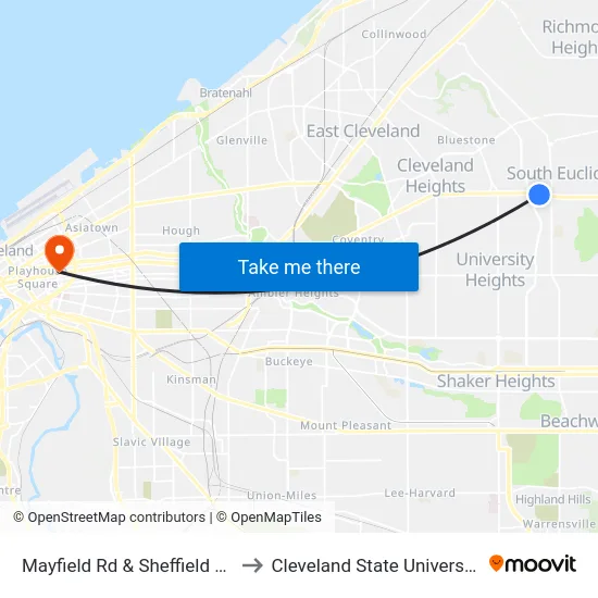 Mayfield Rd & Sheffield Rd to Cleveland State University map