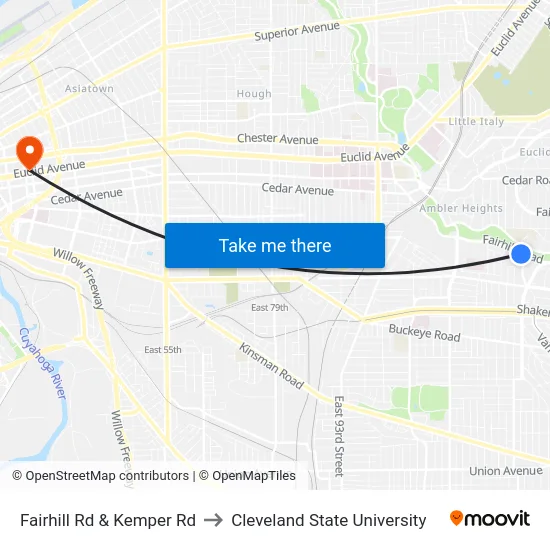Fairhill Rd & Kemper Rd to Cleveland State University map