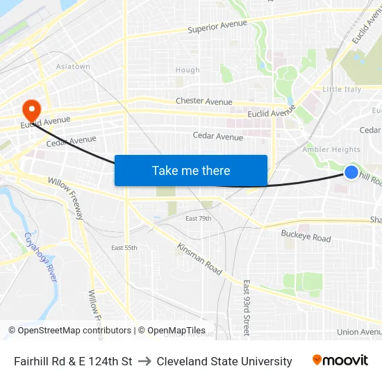 Fairhill Rd & E 124th St to Cleveland State University map