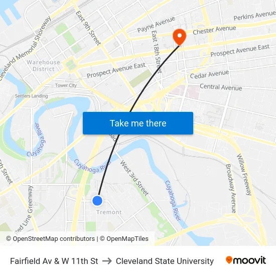 Fairfield Av & W 11th St to Cleveland State University map