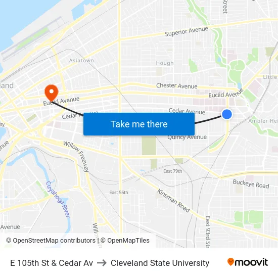 E 105th St & Cedar Av to Cleveland State University map