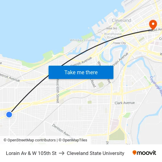 Lorain Av & W 105th St to Cleveland State University map