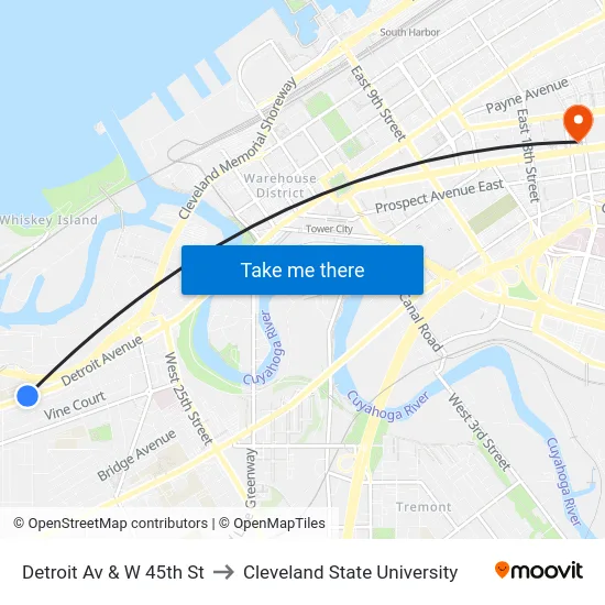 Detroit Av & W 45th St to Cleveland State University map