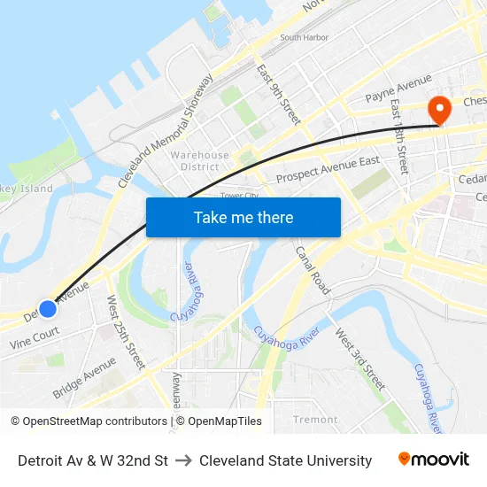 Detroit Av & W 32nd St to Cleveland State University map