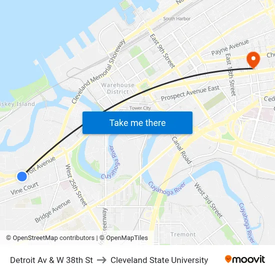 Detroit Av & W 38th St to Cleveland State University map