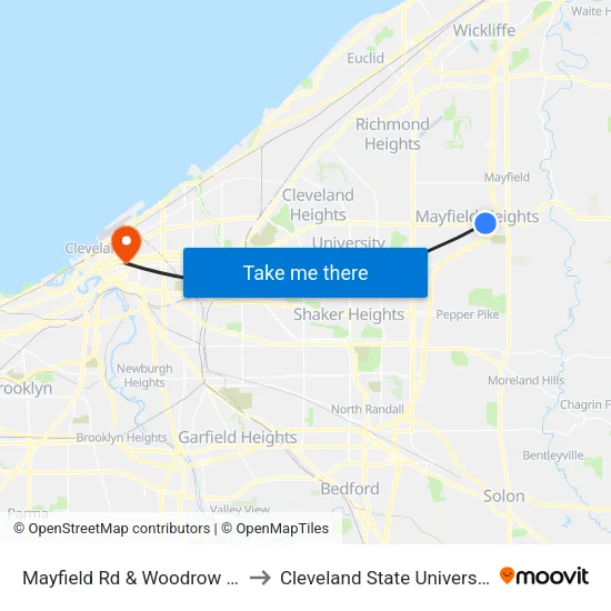 Mayfield Rd & Woodrow Av to Cleveland State University map
