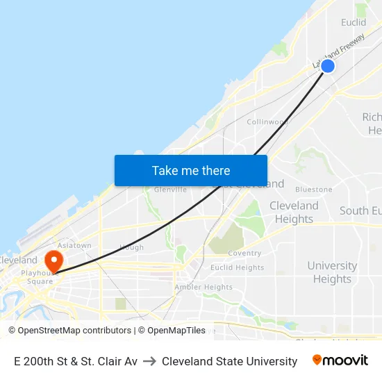 E 200th St & St. Clair Av to Cleveland State University map