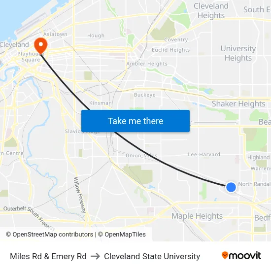 Miles Rd & Emery Rd to Cleveland State University map