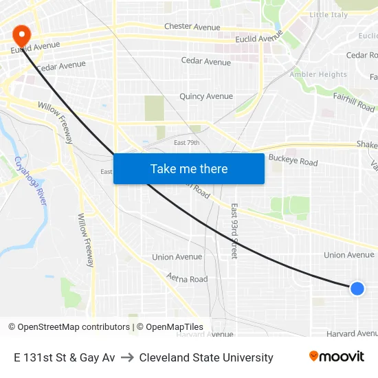 E 131st St & Gay Av to Cleveland State University map