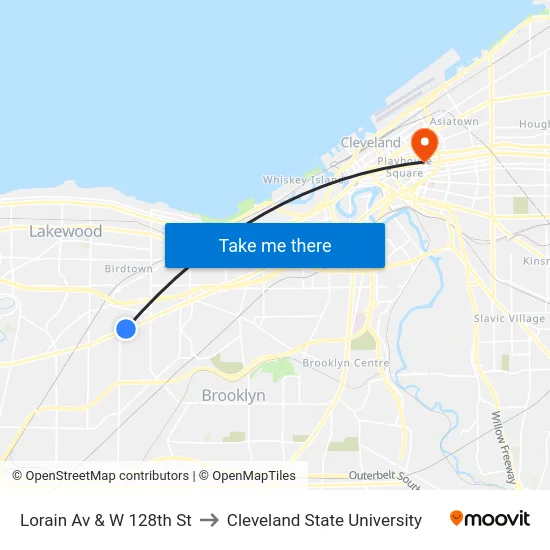 Lorain Av & W 128th St to Cleveland State University map
