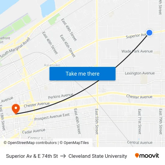 Superior Av & E 74th St to Cleveland State University map