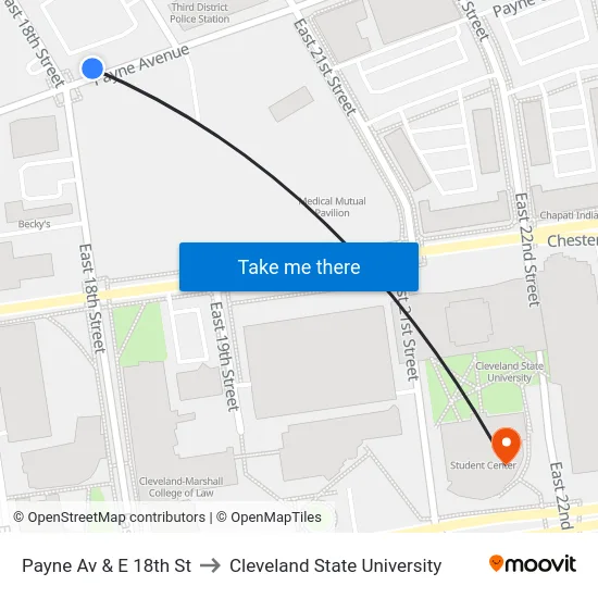 Payne Av & E 18th St to Cleveland State University map