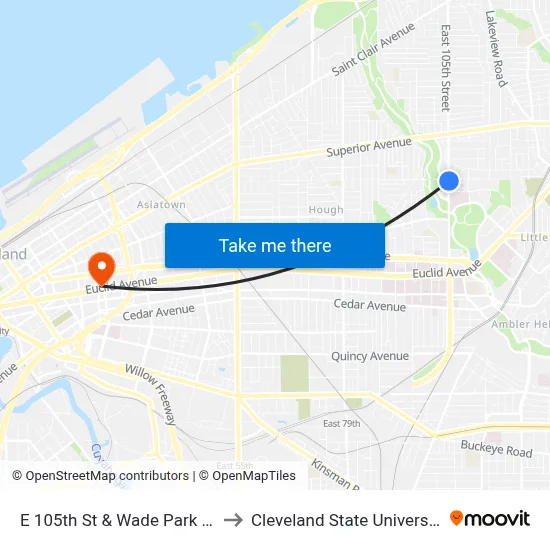 E 105th St & Wade Park Av to Cleveland State University map