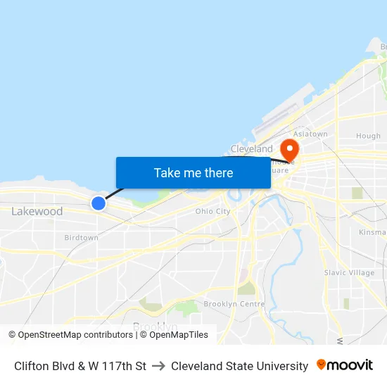 Clifton Blvd & W 117th St to Cleveland State University map
