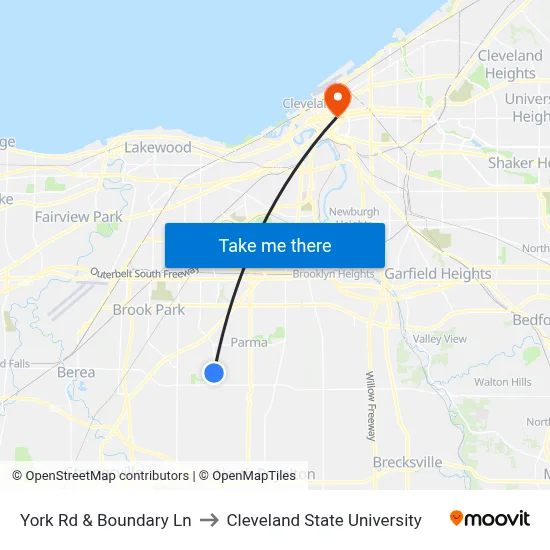York Rd & Boundary Ln to Cleveland State University map