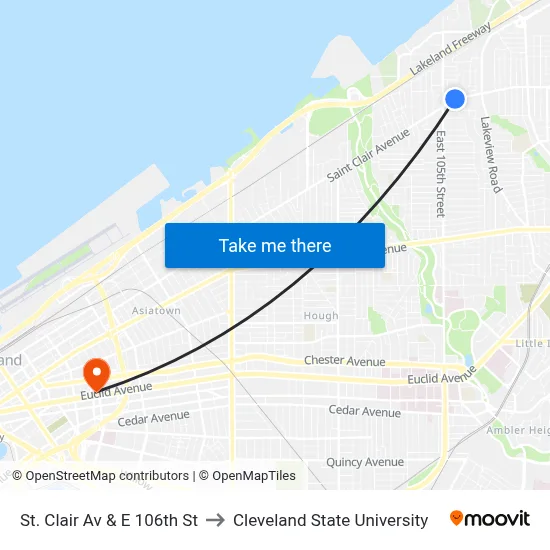 St. Clair Av & E 106th St to Cleveland State University map