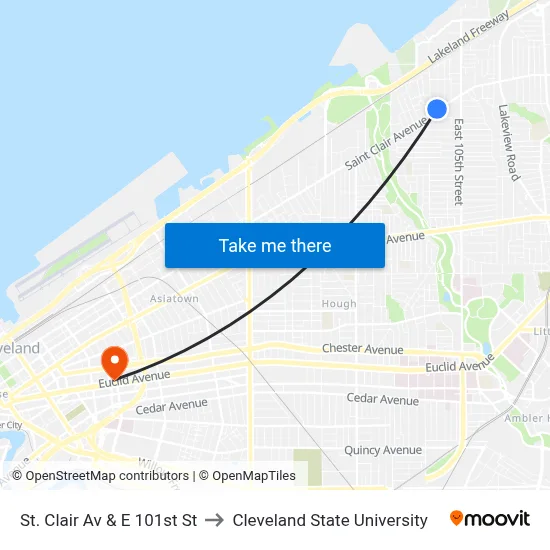 St. Clair Av & E 101st St to Cleveland State University map