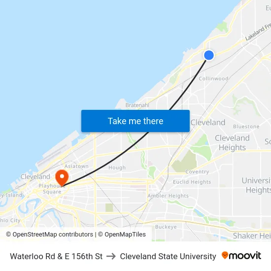 Waterloo Rd & E 156th St to Cleveland State University map