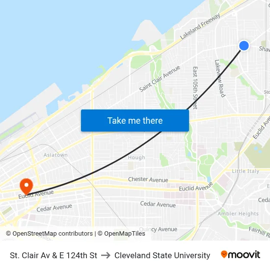 St. Clair Av & E 124th St to Cleveland State University map