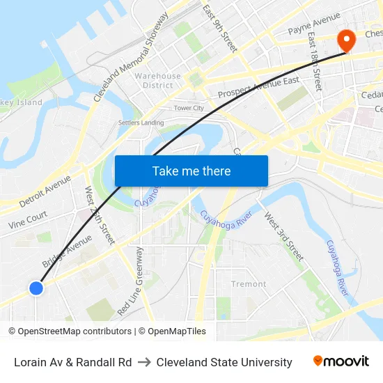 Lorain Av & Randall Rd to Cleveland State University map